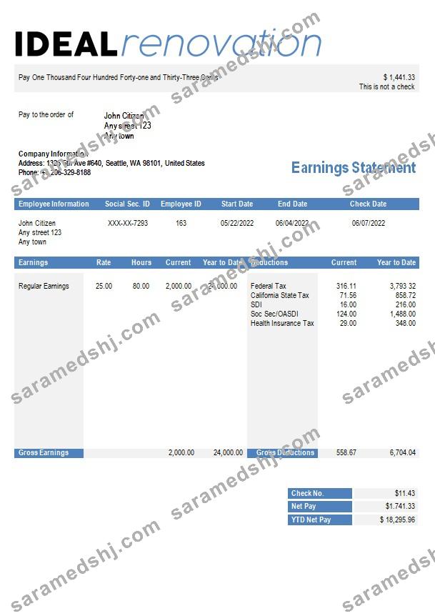 home renovation company paystub template in Word and PDF formats